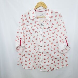 CJ Banks Butterfly Print Shirt 1X Button Front Top Blouse Roll Tab Sleeve Cotton